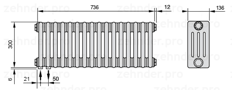 Схема (чертеж) Радиатор Zehnder Charleston 4030/16 №3370 Белый глянцевый RAL 9016